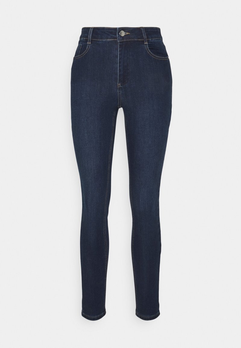 Jeans ajustados de denim azul oscuro, con cintura alta, bolsillos frontales y costuras en contraste. Textura suave y diseño ceñido.