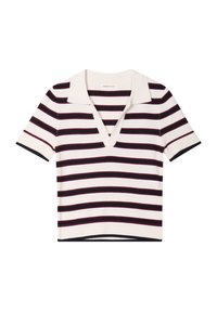 Polo en maille à manches courtes de couleur crème avec des rayures bleu marine et bordeaux, présentant un décolleté en V profond et des finitions côtelées aux manches et à l'ourlet.
