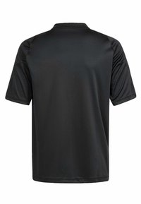 Čierna krátkorpová polo tričko s hladkou textúrou a klasickým golierom. Zadná strana je jednoduchá bez ďalších vzorov alebo akcentov.