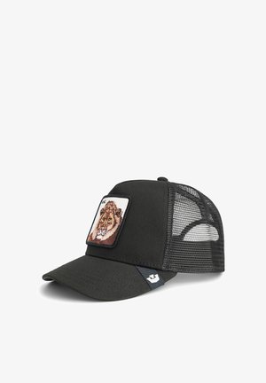 Casquette en mesh noir avec un front solide arborant un patch de lion brodé, visière incurvée et fermeture à snap réglable.