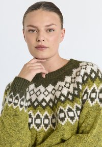 Stickad tröja i ull med ett grönt och vitt geometriskt mönster, ribbad halsringning och muddar, med en lös passform och mjuk textur.