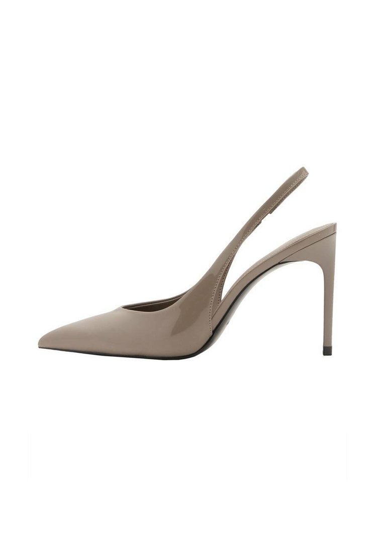 Beige patent leather slingback high heels with a pointed toe and a sleek design, featuring a thin high heel and a cutout detail on the side.