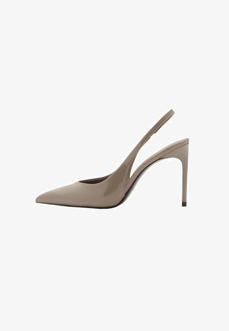 Beige patent leather slingback high heels with a pointed toe and a sleek design, featuring a thin high heel and a cutout detail on the side.