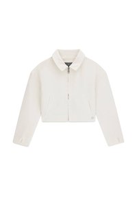 Off-White, kurzes Jacket mit langen Ärmeln, Kragen, Frontreißverschluss und zwei vertikalen Seitentaschen.