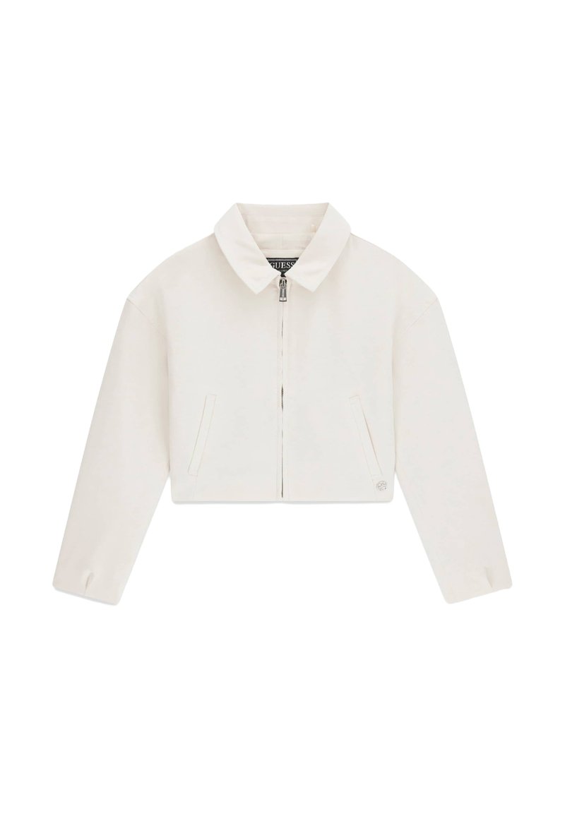 Off-White, kurzes Jacket mit langen Ärmeln, Kragen, Frontreißverschluss und zwei vertikalen Seitentaschen.