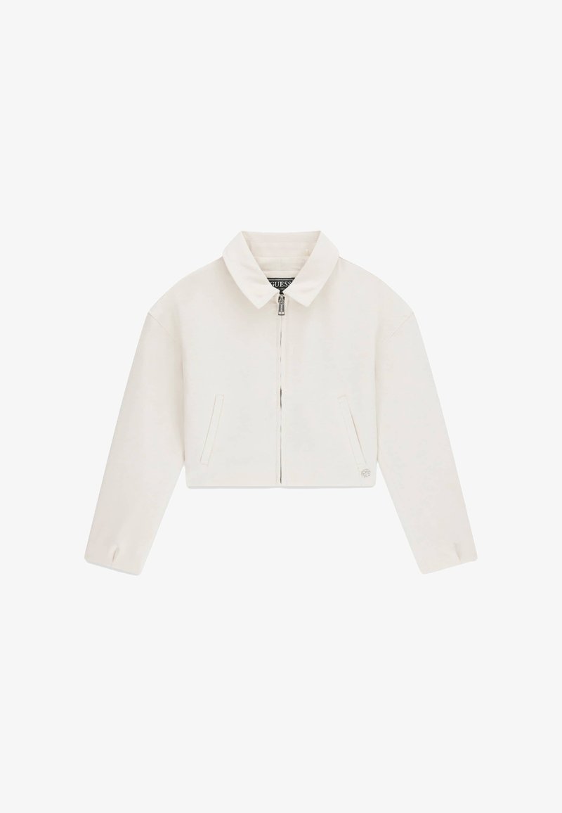 Jachetă scurtă de culoare off-white, cu mâneci lungi, guler, fermoar frontal și două buzunare verticale pe laterale.