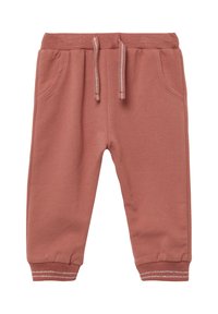 Katoenen joggerpants in gedempt rozenrood, voorzien van een elastische tailleband met trekkoord, zijzakken en ribgebreide enkels met witte strepen.
