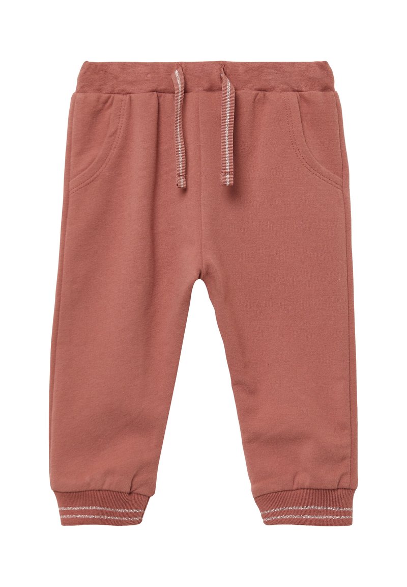 Katoenen joggerpants in gedempt rozenrood, voorzien van een elastische tailleband met trekkoord, zijzakken en ribgebreide enkels met witte strepen.