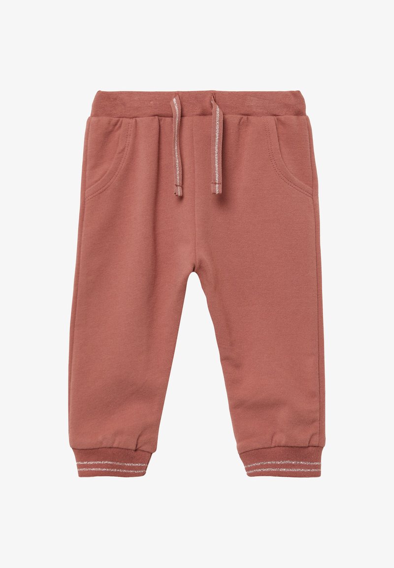 Baumwoll-Jogginghosen in gedämpftem Rosaton, featuring einen elastischen Bund mit Kordelzug, Seitentaschen und gerippten Bündchen am Knöchel mit weißen Streifen.