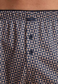Blauwe en beige gestreepte boxers met een geometrisch driehoekpatroon, een knopenfly met twee donkere knopen en een elastische tailleband.