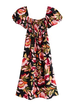 Zwarte midi-jurk met elastisch geplooid lijfje, pofmouwen en een kleurrijke grote bloemenprint in rode, roze, oranje en groene tinten.