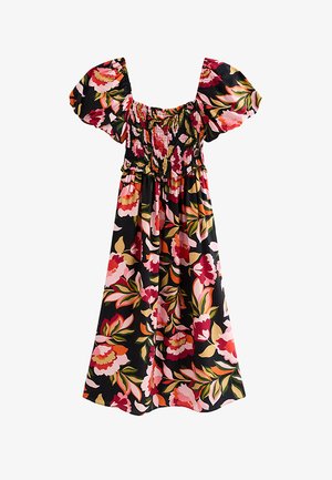 Black midi dress with elastic shirred bodice, puff sleeves, and colorful large floral print in red, pink, orange, and green tones.