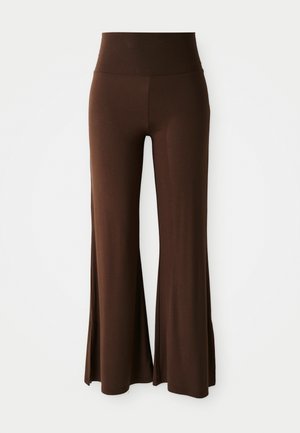 High-waisted, wide-leg brown pants with a smooth texture, designed for a relaxed fit and comfortable wear.