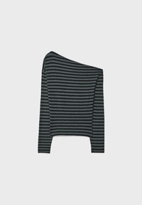 Gestreepte lange mouw top in donkergrijs en zwart, met een asymmetrische halslijn en een cropped ontwerp. Zachte, gladde stoftextuur.