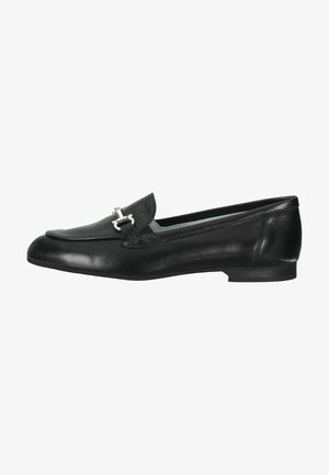 Mocassins en cuir noir avec un bout rond, des détails de couture subtils et une finition en boucle en métal argenté sur le dessus, avec un talon bas.
