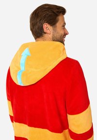 Red and yellow striped fleece hoodie with a soft texture. Features a yellow hood with a blue upward arrow detail.