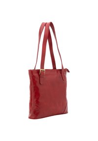 Rode leren tote bag met twee banden, rechthoekige vorm, gladde textuur en een subtiele glans. Voorzien van een ritssluiting en een zijvak.