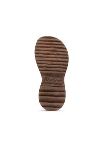 Bruine rubberen zool met gestructureerde groeven en ribbels. Heeft een afgeronde neus en een logo in reliëf nabij de hak.