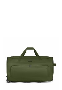 Olivgrüne Duffle-Tasche aus strapazierfähigem Stoff, ausgestattet mit zwei Tragegriffen, einer Reißverschluss-Fronttasche und unauffälligen Rollen für einen einfachen Transport.