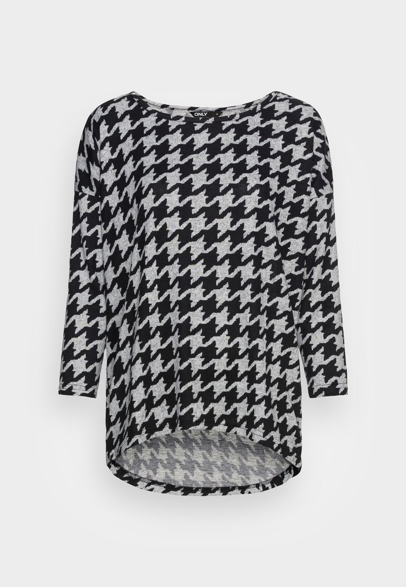 Pullover im schwarz-grau karierten Hahnentrittmuster mit rundem Ausschnitt und Dreiviertelärmeln, mit abgerundetem Saum. Weicher Stoff.