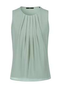 Top sin mangas de color verde menta con pliegues verticales, escote redondo y textura suave. La etiqueta "zero" es visible en el escote.