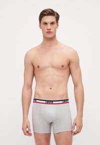 Sive pamukaste bokserice s crno, plavo i crveno prugastim pojasom na kojem se nalazi "Levi's" logo. Tkanina je glatka i prilagođena.