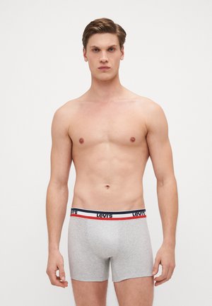 Šedé bavlnené boxerkové nohavičky s čiernym, modrým a červeným pruhovaným pásom, na ktorom je logo "Levi's". Tkanina je hladká a priliehavá.