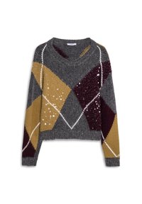 Grau gestrickter Pullover mit einem Argyle-Muster in den Farben Senfgelb, Burgundy und Weiß. Mit Pailletten für zusätzliche Textur verziert.