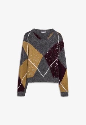 Jersey gris de punto con un patrón de rombos en tonos mostaza, burdeos y blanco. Decorado con lentejuelas para añadir textura.