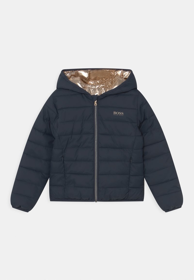 Navy puffer jacket with a hood, gold interior, zip closure, and "BOSS" logo on the chest. Features quilted texture and elastic cuffs.