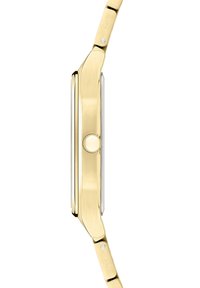 Guldtonad armbandsur med ett smalt rektangulärt hölje, slät yta och armband i rostfritt stål med länkar. Inkluderar en rund krona.