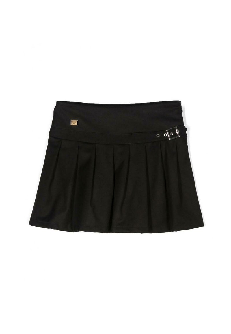Gonna pieghettata nera realizzata in morbido tessuto. Caratterizzata da una vita ampia, dettagli con fibbia metallica e una silhouette ad A elegante.