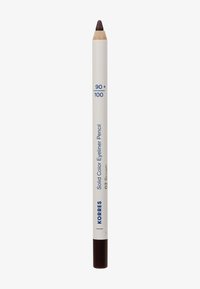 Crayon eyeliner blanc étiqueté "KORRES Crayon Eyeliner Couleur Solide 02 Marron" avec une pointe marron sur fond blanc.