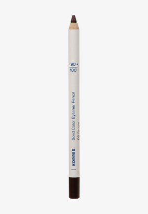 Crayon eyeliner blanc étiqueté "KORRES Crayon Eyeliner Couleur Solide 02 Marron" avec une pointe marron sur fond blanc.