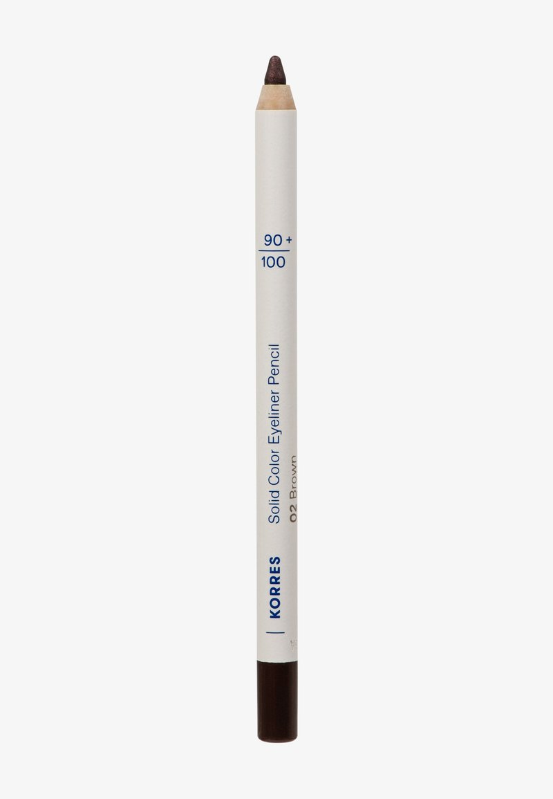 Crayon eyeliner blanc étiqueté "KORRES Crayon Eyeliner Couleur Solide 02 Marron" avec une pointe marron sur fond blanc.