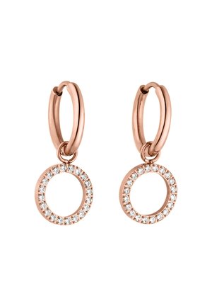 Ohrringe aus Roségold in Form von Creolen mit einem runden Anhänger, verziert mit kleinen klaren Kristallen, die den inneren Rand umrahmen.