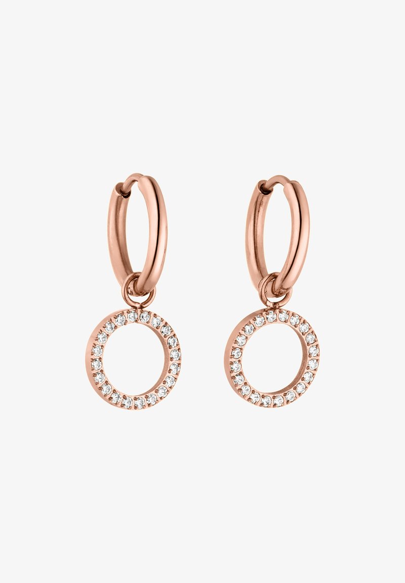 Ohrringe aus Roségold in Form von Creolen mit einem runden Anhänger, verziert mit kleinen klaren Kristallen, die den inneren Rand umrahmen.