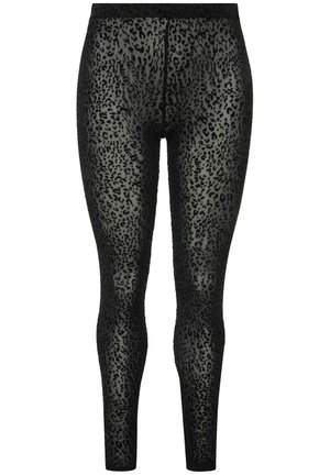 Zwarte legging met een transparante afwerking, voorzien van een luipaardprint in verschillende maten, een gladde textuur en een elastische tailleband.