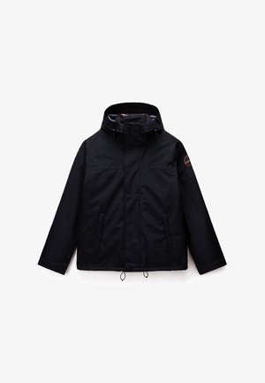 Black hooded jacket with front pockets, adjustable drawstrings at hem and hood, and a circular logo patch on the left sleeve.