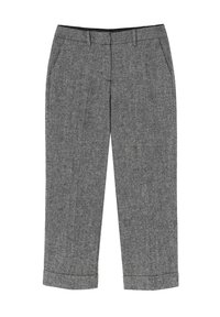 Gray wool trousers with a subtle texture, featuring a straight leg design, side pockets, and cuffed hem. Black waistband detail.
