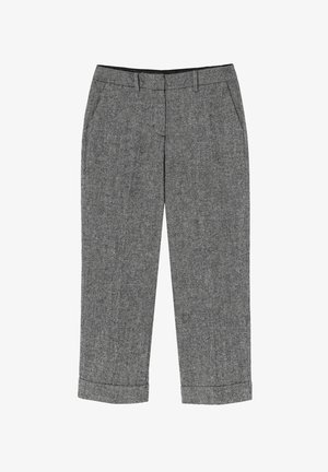 Grijze wollen broek met een subtiele textuur, voorzien van een rechte pijpdesign, zijzakken en een omgeslagen zoom. Zwarte taillebanddetail.