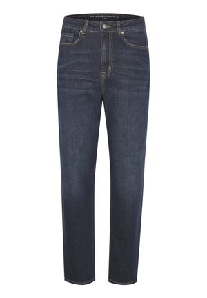 Mörkblå denimjeans med rak passform, fem-fickors design och kontrasterande gul sömnad. Framknapp och dragkedjestängning.