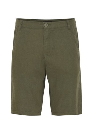 Olivengrønne shorts laget av et mykt, teksturert stoff. Har knapp- og glidelås lukking, frontlommer og en rett snitt design.