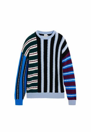 Pruhovaný pletený sveter v rôznych farbách: modrá, zelená, čierna, biela, fialová a červená. Okrúhly výstrih, dlhé rukávy, textúrovaný povrch.