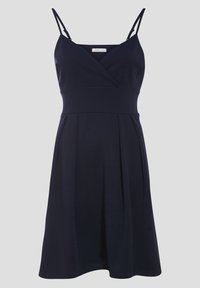 Vestido sin mangas de color azul marino con diseño envolvente, cuerpo ajustado y falda plisada. Hecho de una tela suave y ligera.