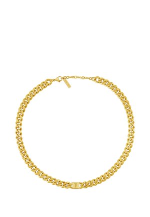 Gold-tone chain necklace with a small rectangular charm engraved with "P" and an adjustable clasp with a tag labeled "POLICE."