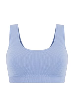 Hellblaues geripptes Bralette mit breiten Trägern, einem runden Halsauschnitt und einem nahtlosen Design, das eine glatte und figurbetonte Silhouette bietet.