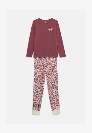 Haut bordeaux à manches longues avec petit détail nœud, associé à des leggings blancs avec imprimé léopard bordeaux et poignets crème.