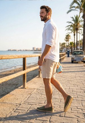 Hombre con camisa blanca y pantalones cortos beige caminando por un paseo junto al mar, sosteniendo una toalla, con palmeras y un coche estacionado al fondo.