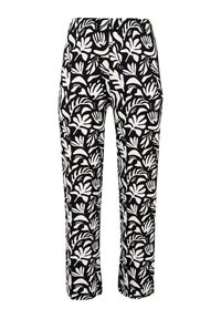 Pantalons noir et blanc ornés d'un motif de feuilles florales, avec taille élastique, coupe droite et tissu léger.